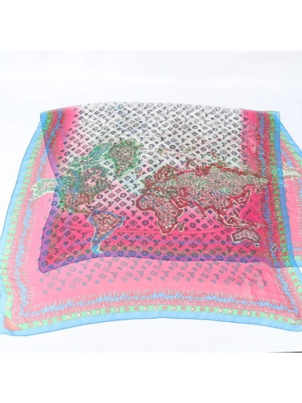 Louis Vuitton Tagged Carre Map Large Chiffon Shawl Scarf Monogram